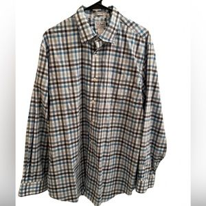Men’s LL Bean Blue Plaid Button Down Size L Wrinkle Free Traditional Fit